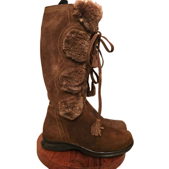 Sonoma Brown Suede Tall booths with Ties Faux Fur Size 6 Boho - Picture 3 of 9